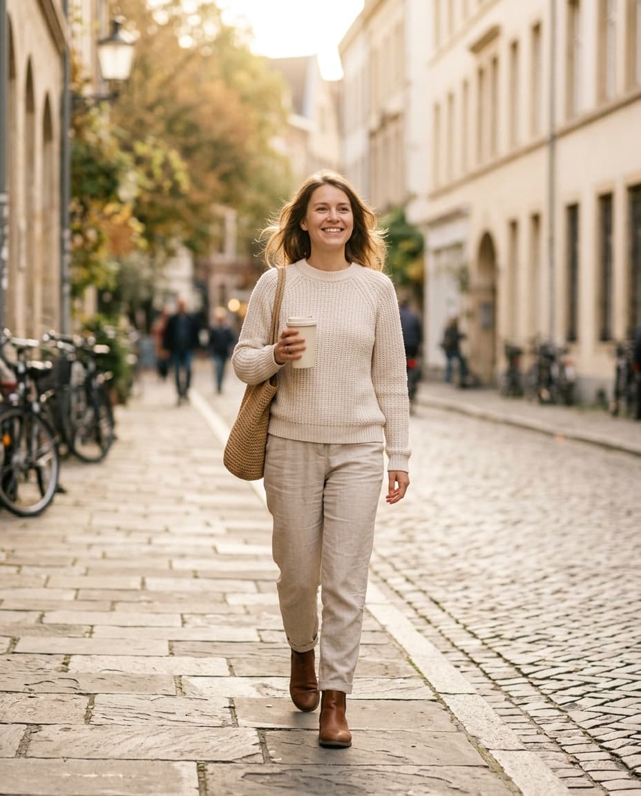 A woman walking outside in morning light, relaxed and free