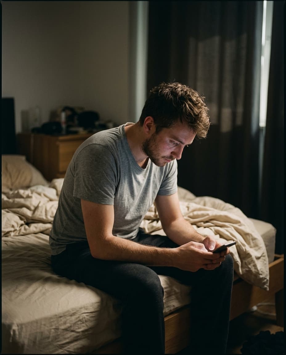 A person sitting on the edge of their bed at night, lost in their phone